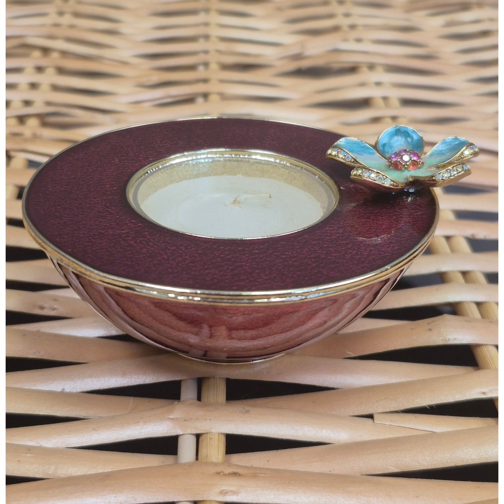 Jay Strongwater Jeweled Flower Tea Light Candle Holder Burgundy Enamel Crystal